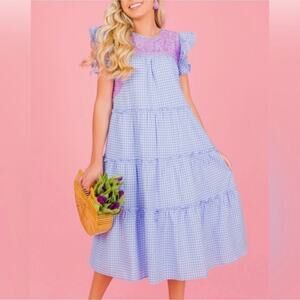 J. Marie blue and purple gingham tiered ruffle sleeves embroidered dress size M